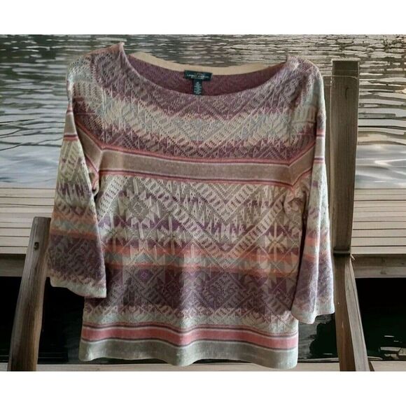 LRL RALPH LAUREN KNIT PULLOVER BLOUSE SIZE M LINEN BLEND 3/4 SLEEVE - Picture 1 of 5
